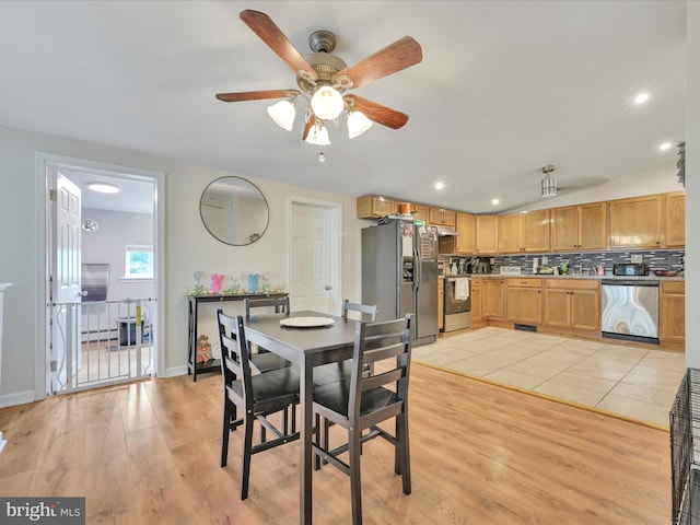 24 W Garibaldi Ave, Nesquehoning, PA 18240 - dining room featuring recessed lighting, ceiling fan, a baseboard heating unit, and light wood-type flooring