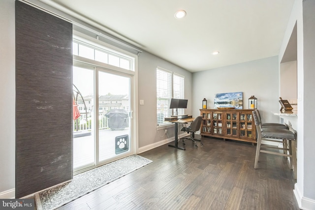 home office with baseboards, recessed lighting, and dark wood-type flooring