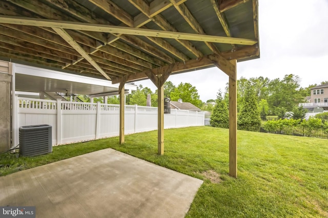 view of patio / terrace with central air condition unit and a fenced backyard