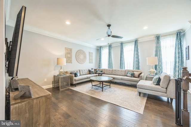 living room featuring ornamental molding, a ceiling fan, recessed lighting, and wood finished floors