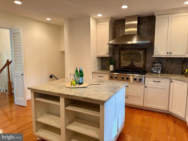1716 Saddle Ridge Ct, Vienna, VA 22182 - kitchen with wall chimney range hood, open shelves, stainless steel gas stovetop, backsplash, and recessed lighting