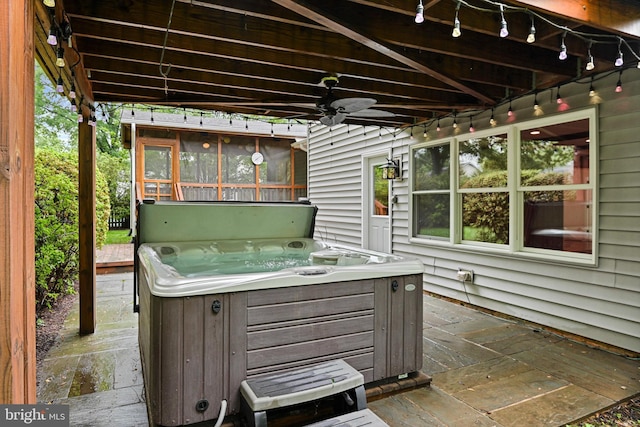 1716 Saddle Ridge Ct, Vienna, VA 22182 - deck with a hot tub, ceiling fan, and a sunroom