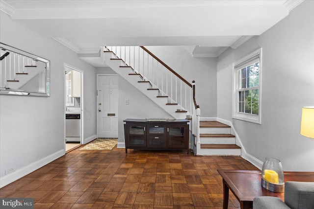 3128 Martha Custis Dr, Alexandria, VA 22302 - stairs with crown molding and baseboards