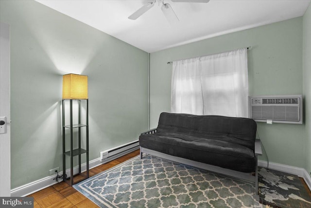 3128 Martha Custis Dr, Alexandria, VA 22302 - sitting room with a baseboard radiator, a ceiling fan, baseboards, and a wall unit AC