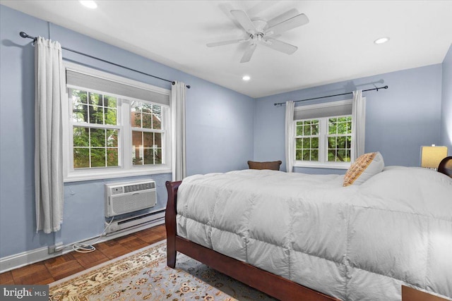 3128 Martha Custis Dr, Alexandria, VA 22302 - bedroom with multiple windows, an AC wall unit, recessed lighting, a ceiling fan, and baseboards