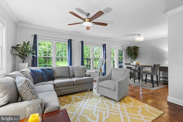 3128 Martha Custis Dr, Alexandria, VA 22302 - living area with ceiling fan, crown molding, and baseboards