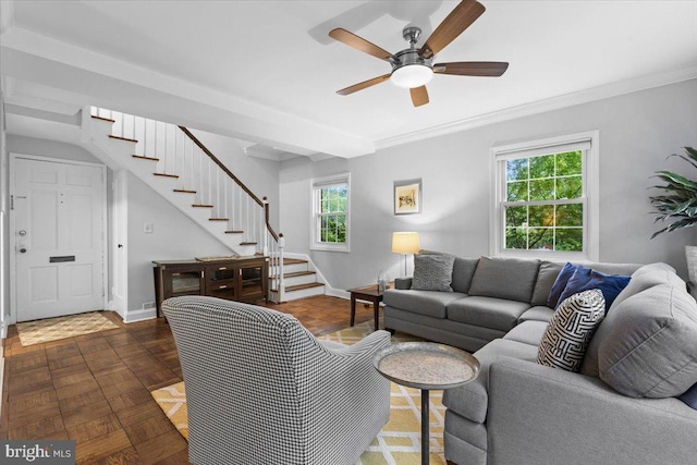 3128 Martha Custis Dr, Alexandria, VA 22302 - living room with stairs, ceiling fan, baseboards, and crown molding