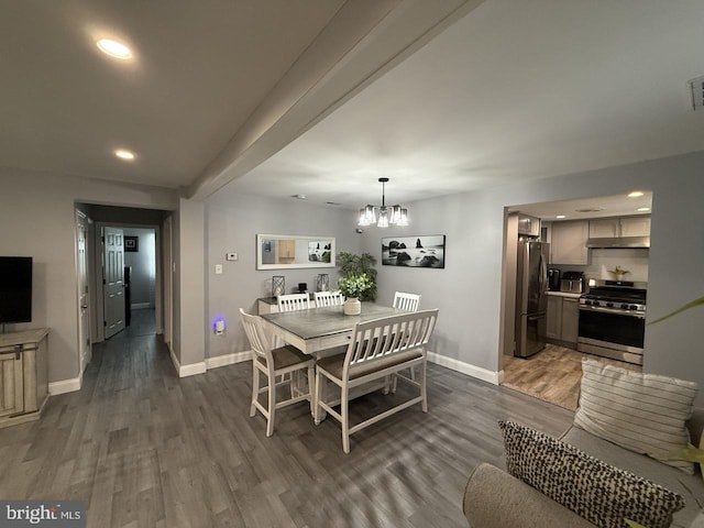 dining area featuring visible vents, dark wood finished floors, baseboards, a notable chandelier, and recessed lighting