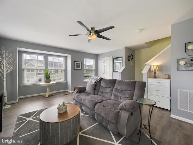 1161 Steed St, Ranson, WV 25438 - living room with a ceiling fan, dark wood-type flooring, and baseboards
