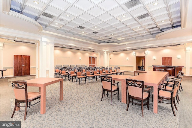 dining room featuring light carpet, ornamental molding, decorative columns, and coffered ceiling