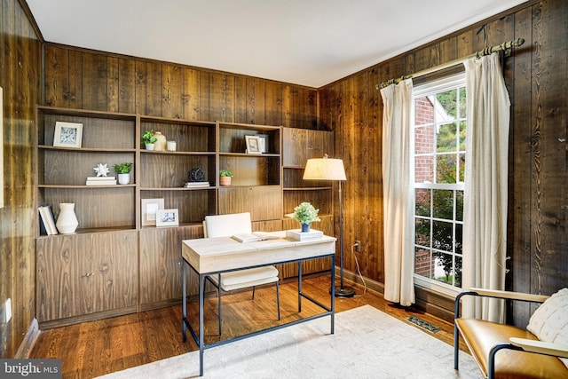office featuring wood finished floors and wooden walls