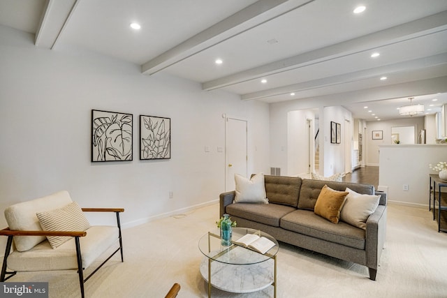 living room featuring recessed lighting, light colored carpet, beam ceiling, and baseboards
