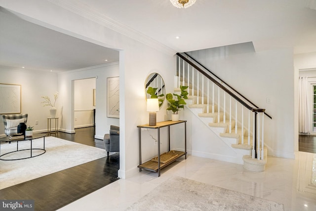 staircase with recessed lighting, ornamental molding, and baseboards