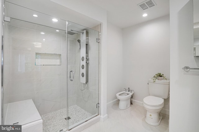 full bath with a bidet, marble look tiles, toilet, recessed lighting, and a shower stall