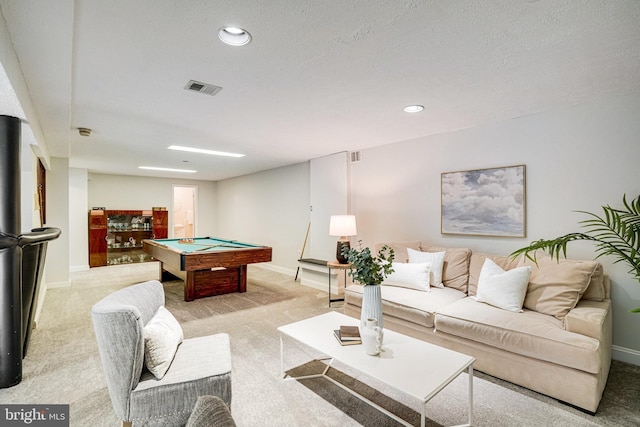 playroom with light carpet, pool table, baseboards, and recessed lighting