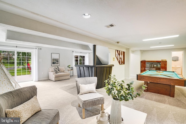 recreation room with carpet flooring, pool table, and baseboards