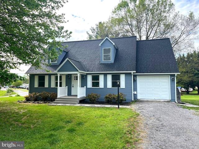 cape cod-style house featuring an attached garage, a front lawn, roof with shingles, and gravel driveway