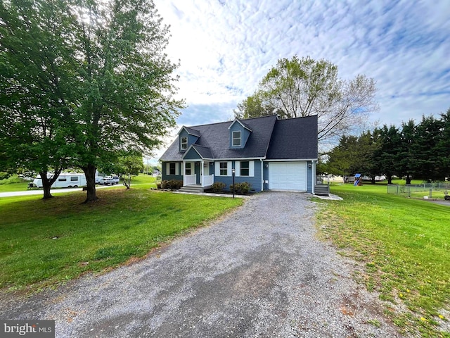 cape cod-style house featuring a garage, a front yard, and gravel driveway