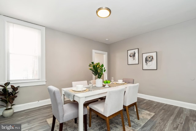 dining space featuring baseboards, wood finished floors, and a healthy amount of sunlight