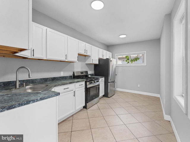 kitchen with dark countertops, baseboards, white cabinetry, a sink, and stainless steel appliances