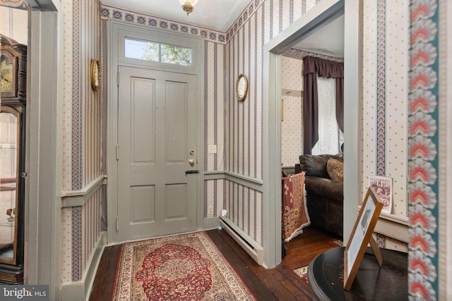 entryway featuring wallpapered walls, dark wood finished floors, and baseboard heating