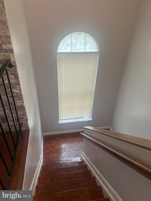 staircase featuring wood finished floors and baseboards