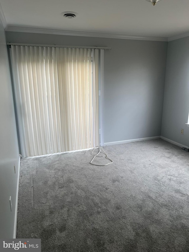 carpeted spare room with crown molding and baseboards