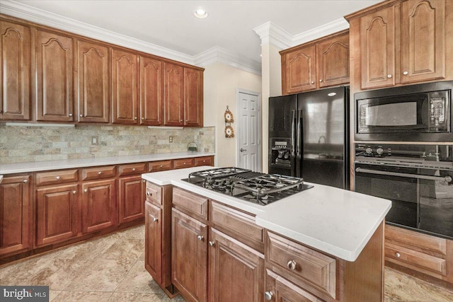 6341 Knollwood Dr, Frederick, MD 21701 - kitchen featuring black appliances, ornamental molding, backsplash, brown cabinetry, and light countertops