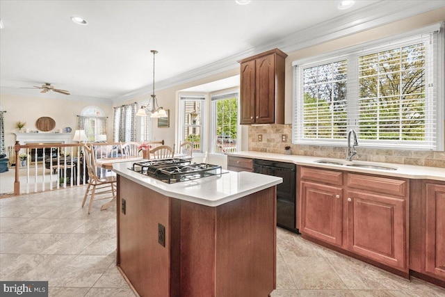 6341 Knollwood Dr, Frederick, MD 21701 - kitchen featuring a sink, black dishwasher, gas stovetop, ornamental molding, and light countertops