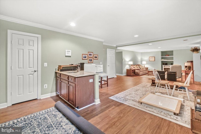 6341 Knollwood Dr, Frederick, MD 21701 - living area with light wood-style floors, ornamental molding, baseboards, and recessed lighting