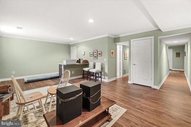 6341 Knollwood Dr, Frederick, MD 21701 - living room with ornamental molding, wood finished floors, baseboards, and recessed lighting