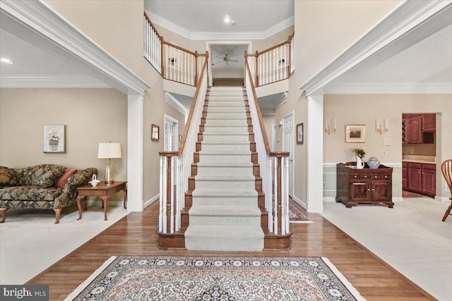 6341 Knollwood Dr, Frederick, MD 21701 - entrance foyer featuring ornamental molding, stairway, wood finished floors, recessed lighting, and ceiling fan