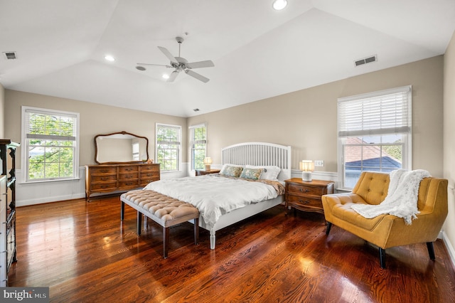 bedroom featuring vaulted ceiling, wood finished floors, multiple windows, recessed lighting, and a ceiling fan