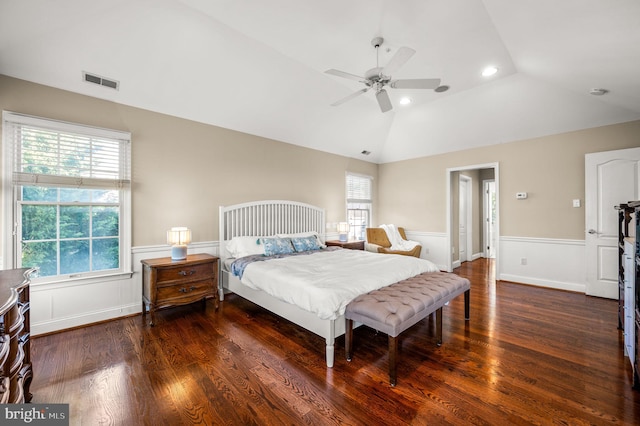 bedroom with wood finished floors, wainscoting, vaulted ceiling, recessed lighting, and ceiling fan