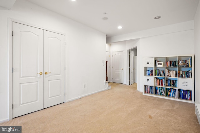 rec room featuring carpet flooring, recessed lighting, and baseboards