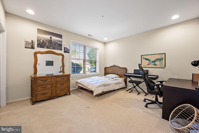 bedroom with carpet, recessed lighting, an office area, and baseboards