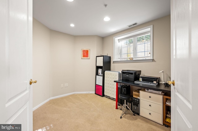 office space with light colored carpet, recessed lighting, and baseboards