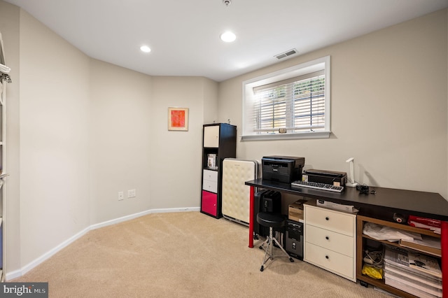 home office with carpet, baseboards, and recessed lighting