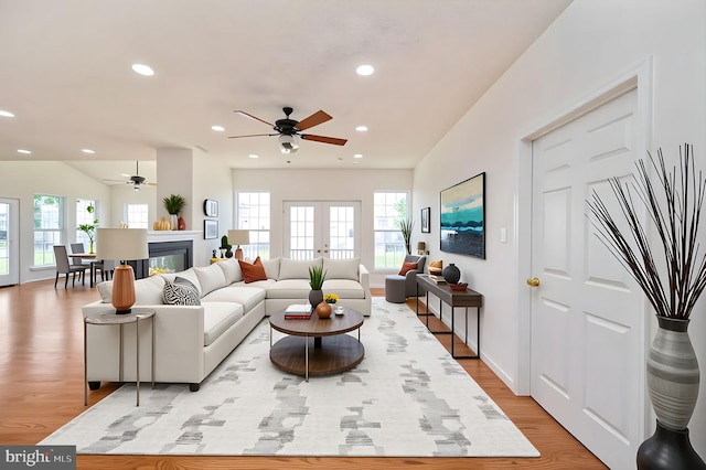 9129 Pebble Beach Ln, King George, VA 22485 - living area featuring a ceiling fan, light wood-style flooring, recessed lighting, plenty of natural light, and french doors