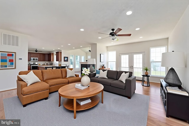 9129 Pebble Beach Ln, King George, VA 22485 - living area featuring a ceiling fan, light wood-style floors, french doors, recessed lighting, and baseboards