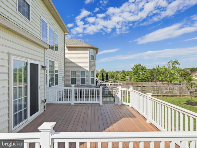 wooden terrace with a fenced backyard