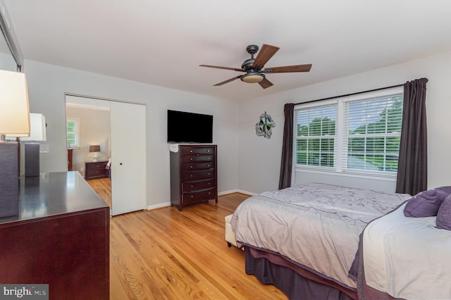 4401 Aragon Pl, Alexandria, VA 22309 - bedroom with light wood-style floors, multiple windows, baseboards, and a ceiling fan