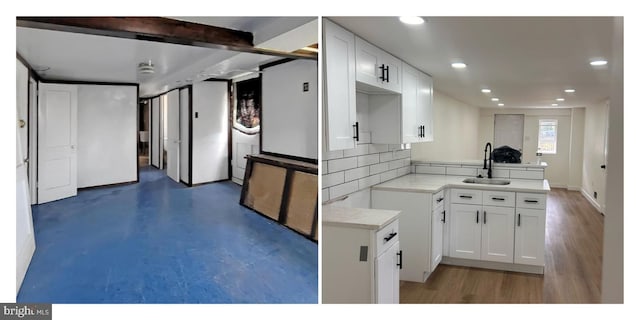 kitchen with recessed lighting, light countertops, white cabinets, and a sink