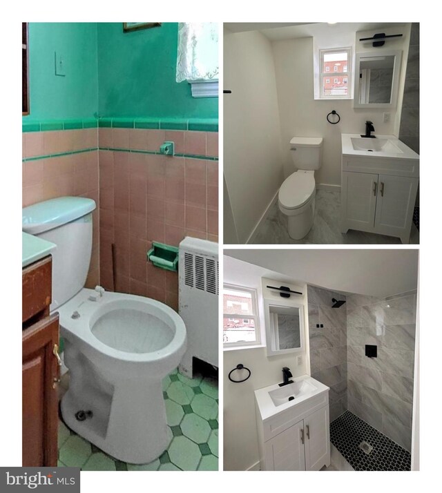 bathroom featuring toilet, tiled shower, radiator heating unit, and a sink