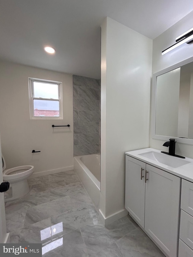 bathroom with toilet, baseboards, marble finish floor, vanity, and recessed lighting