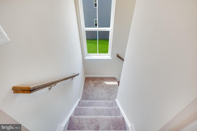 stairway with carpet floors and baseboards