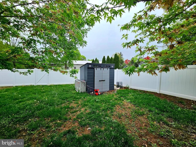 view of yard with a fenced backyard, an outdoor structure, and a shed