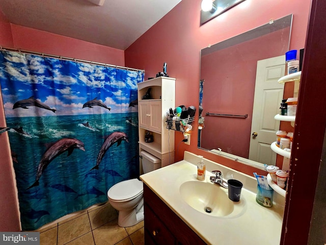 full bath featuring curtained shower, vanity, toilet, and tile patterned floors