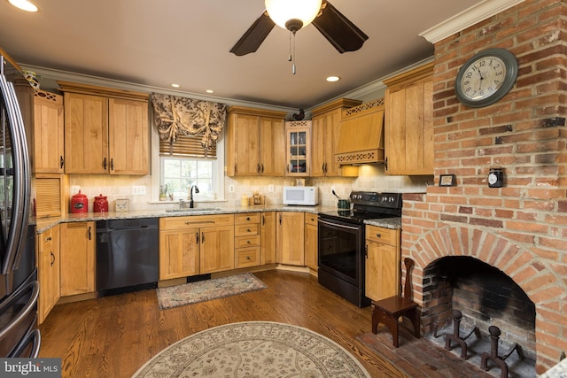 3401 Old Level Rd, Havre De Grace, MD 21078 - kitchen featuring black appliances, premium range hood, a sink, light stone counters, and dark wood-type flooring