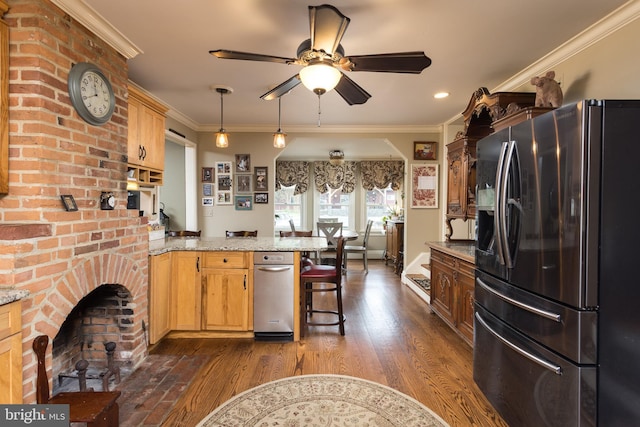 3401 Old Level Rd, Havre De Grace, MD 21078 - kitchen featuring stainless steel refrigerator with ice dispenser, a peninsula, a ceiling fan, dark wood-style flooring, and light stone counters